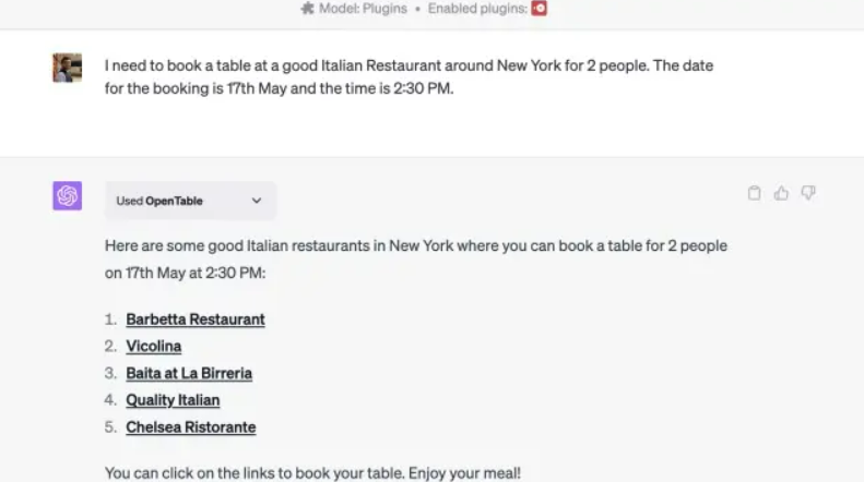 Picture of the Open Table plugin for Chatgpt plus to find the resturants and book a table for specific date and time